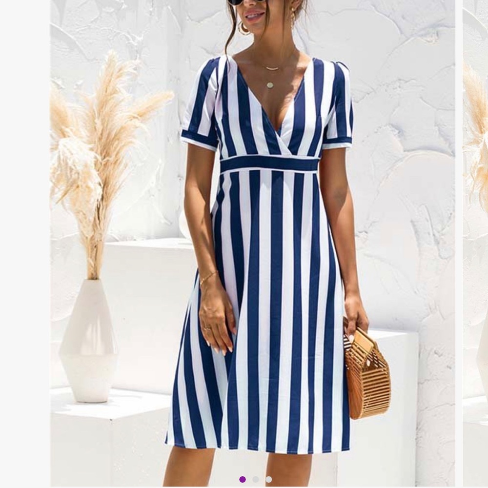 Navy & White Stripe V-Neck Empire-
Waist Dress